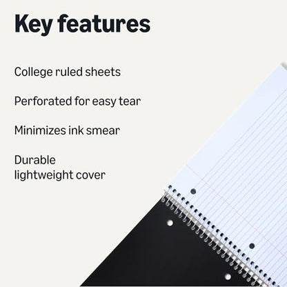 Amazon Basics College-Ruled 3-Subject Spiral Notebook, 150 Sheets, 8.5 x 11 inches, Black - color: Black, style: College Ruled 150 Sheets