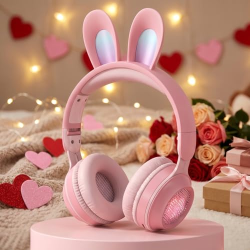 Kids Bluetooth Cat Ear Headphones LED Light, Noise Cancelling, Pink | Delight your child with these stylish LED cat ear headphones premium noise cancellation, built-in mic, and wireless ease. - color: Rabbit Pink