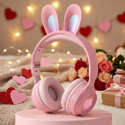 Kids Bluetooth Cat Ear Headphones LED Light, Noise Cancelling, Pink | Delight your child with these stylish LED cat ear headphones premium noise cancellation, built-in mic, and wireless ease. - color: Rabbit Pink