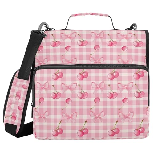 Cherry Checkered Zipper Binder 3 Ring 1.5 Inch Binder Organizer Bag 500 Sheets Capacity Multi-Pocket with Shoulder Strap for School Office