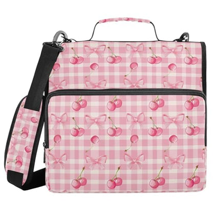 Cherry Checkered Zipper Binder 3 Ring 1.5 Inch Binder Organizer Bag 500 Sheets Capacity Multi-Pocket with Shoulder Strap for School Office