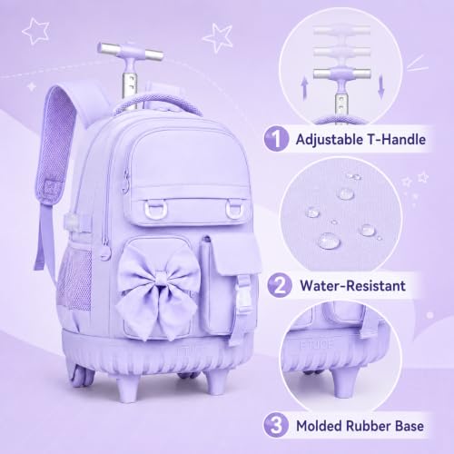 HPJGD 3PCS Rolling Backpack for Girls, Purple Bow Roller School Backpacks with Wheels, Water-Resistant Wheeled Bookbag Set - color: Purple Bowknot Rolling Backpack Set