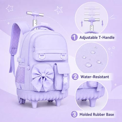 HPJGD 3PCS Rolling Backpack for Girls, Purple Bow Roller School Backpacks with Wheels, Water-Resistant Wheeled Bookbag Set - color: Purple Bowknot Rolling Backpack Set