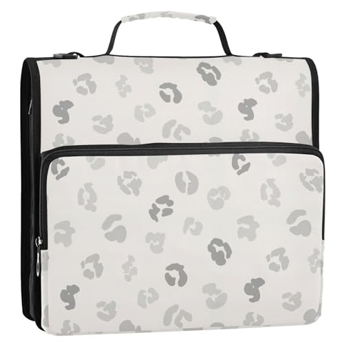 Zipper Binder Bag 3 Ring File Folder Portfolio Organizer Zippered Binder Bags with Strap Fits Laptop Women Men - color: 23-leopard Light Gray