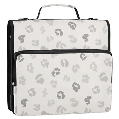 Zipper Binder Bag 3 Ring File Folder Portfolio Organizer Zippered Binder Bags with Strap Fits Laptop Women Men - color: 23-leopard Light Gray