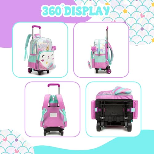 Meetbelify Girls Cute Backpack with Wheels for Elementary Students Kids Black Travel Luggage - color: Mermaid