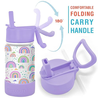 CHILLOUT LIFE 12oz Kids Insulated Stainless Steel Water Bottle with Leak Proof Straw Lid & 144 Stickers - color: Rainbows, style: 12 oz