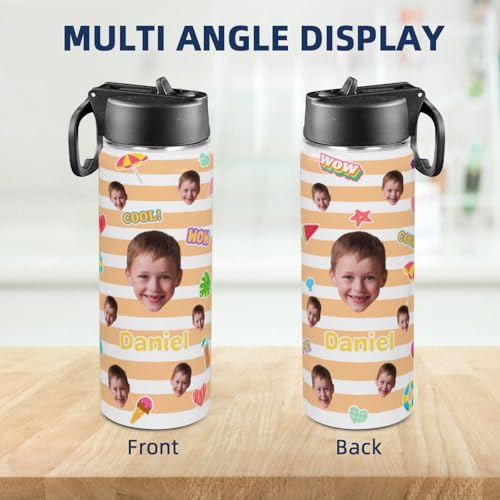 Personalized Kids Water Bottle with Face, Custom Stainless Steel Insulated Sport Water Bottle for School, Back to School Gifts for Boy Girl, Insulated Tumbler with Straw Lid Handle, 18 OZ - color: # design 03 pic