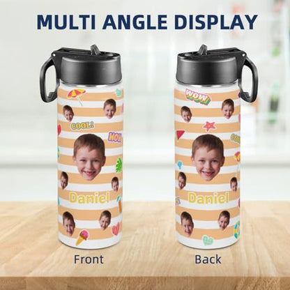 Personalized Kids Water Bottle with Face, Custom Stainless Steel Insulated Sport Water Bottle for School, Back to School Gifts for Boy Girl, Insulated Tumbler with Straw Lid Handle, 18 OZ - color: # design 03 pic
