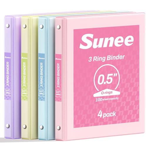 SUNEE 1/2 Inch Binders 3 Ring 4 Pack, Half Inch Thin Binder Clear View Three Ring PVC-Free (Fit 8.5x11 Inches) for School or Office Supplies, Assorted Pastel - color: Pastel, size: 0.5 Inch, style: 4 Pack