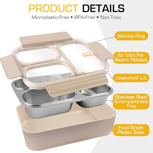 Stainless Steel Lunch Box, 3 Compartments Metal Bento Box for Kids, 25oz Lunch Container with Leakproof Lid, Divided Meal Prep Box for Adults, Kids - Ideal for Office, School, Healthy Eating - color: Cream Beige