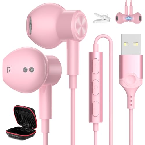 USB Headphones for PC Laptop Magnetic 7.5ft Wired Earbuds Computer Headset with MICR Control Mute Noise Isolate Cord in Ear Gaming Earphone for MacBook Pro Office Work School Zoom Chromebook - color: Pink