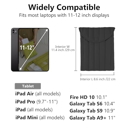 Puffy Laptop Sleeve 11-12 Inch, Soft Laptop Case, Black Set | Compatible with 11-12 Inch Macbook Pro/Air, Asus/Dell/Lenovo Laptops, Protective Carrying Bag with Cable Storage Pouch - color: Black Set, size: 11/12