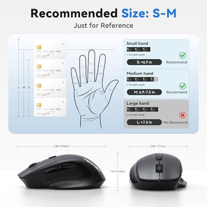TECKNET Wireless Mouse for Laptop, (BT5.2/3.0 & 2.4G) Bluetooth Wireless Mouse, Silent Click, 5-Level Adjustable DPI, Ergonomic Portable Computer Mice for Laptop, PC, MacBook, Chromebook - color: Dark Grey