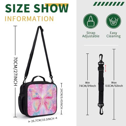 Butterfly Lunch Box for Girls Pink Purple Galaxy Shining Stars Lunch Bag with Shoulder Strap for Kids Teens Durable Large Capacity Insulated Lunchbox Thermal Meal Bag for School Travel - color: A-Butterfly