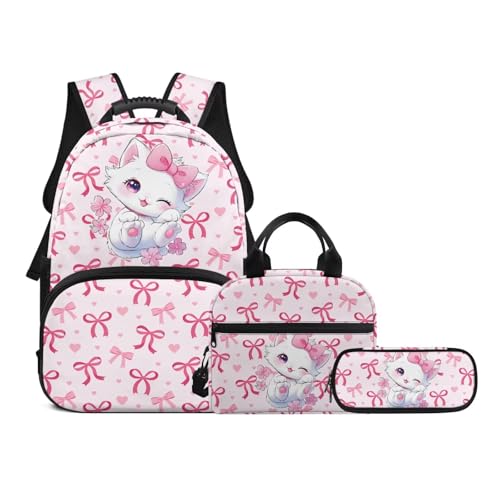 Kids Bookbag Set with Insulated Lunch Bag & Pencil Case for Elementary Girls,Cat Lightweight Waterproof, for Travel Outdoor Picnic - color: Pink Bows-cat
