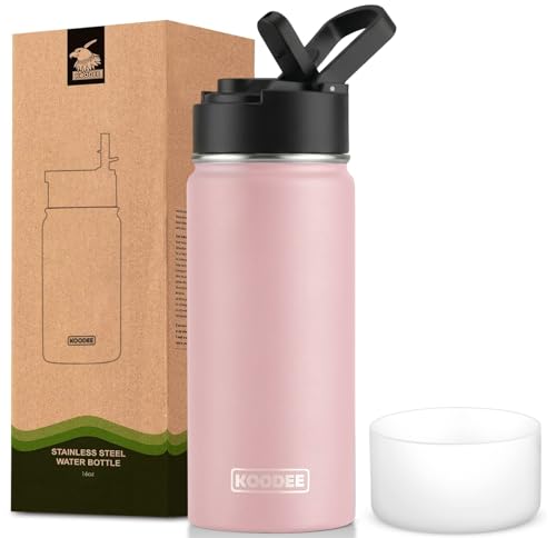 koodee 16 oz Water Bottle Stainless Steel Double Wall Vacuum Insulated Water Bottle Wide Mouth Flask with Leakproof Straw Lid (Light Pink) - color: light-pink-A, size: 16 Ounces