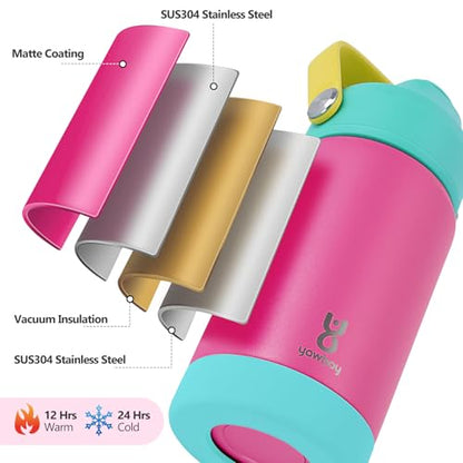 Kids Insulated Water Bottle with Straw Lid & Silicone Handle,12oz Kids Leak Proof Water Bottle for School Boys Girls,Double Wall Vacuum Stainless Steel with Non-slip Silicone Base(Rose Pink) - color: Rose Pink, size: 12 Ounces