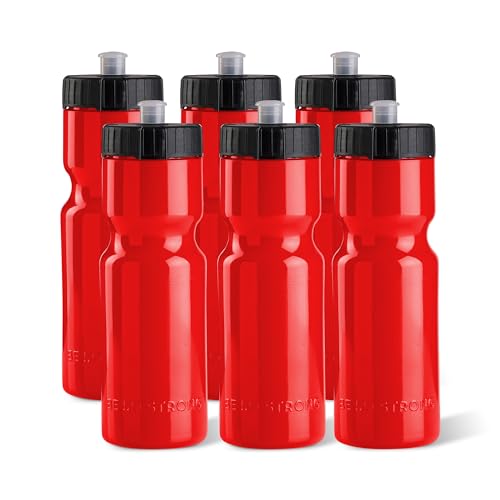 50 Strong Sports Water Bottles – Reusable 22 oz BPA-Free Plastic Bottles with Pull Top Cap – Made in USA – Top Rack Dishwasher Safe – Fits Most Bike Cages Brand - color: Red, style: 6 Pack