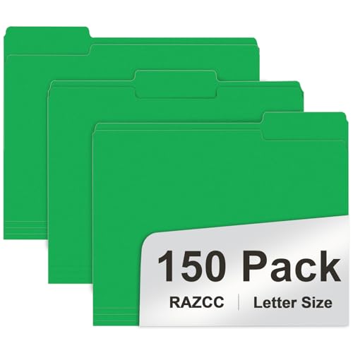 File Folder, RAZCC 150 Pack 1/3 Cut Tab File Folders Letter Size, Creen, Colored Folders with Tab Great for Organizing and Easy File Storage - color: Green