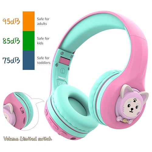 Riwbox CB-7S Kids Wireless Headphones,with Safe Volume Control 74/85/95dB,LED Glow Lights,50H Playtime,Bluetooth V5.3,Built-in Mic, TF Card Slot,for Travel/School/Phone/Laptop (Pink&Green) - color: Pink&Green