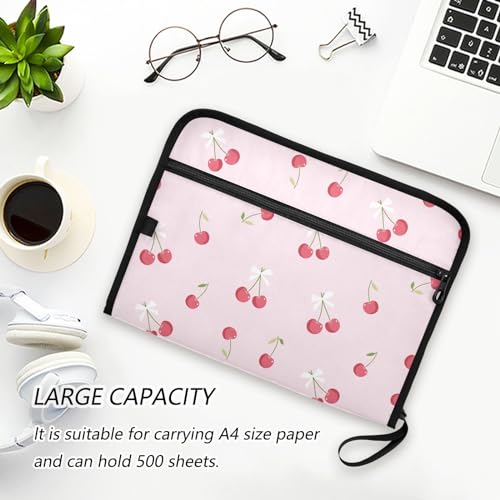 Pink Cherry White Bow File Folders,Plastic Folders with 13 Pockets,Expandable File Folder for Documents School Students Office,Aesthetic Folder with Labels A4 Letter Size - color: Multi 23