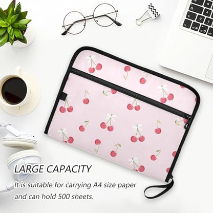 Pink Cherry White Bow File Folders,Plastic Folders with 13 Pockets,Expandable File Folder for Documents School Students Office,Aesthetic Folder with Labels A4 Letter Size - color: Multi 23