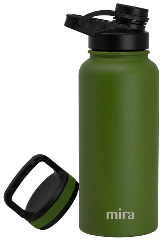 MIRA 32 oz Insulated Sports Bottle - Stainless Steel Temperature Control Thermo - Easy-Drink Spout (24Hr Cold/12Hr Hot) - Olive Green - color: Olive Green - 2 Lids