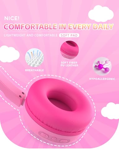 Kids Bluetooth Headphones,Toddler Headphones with Microphone,85/94dB Volume Limited,Bluetooth 5.4 Adjustable Lightweight Kids Wireless Headsets for Boy Girl Tablet Travel School - color: Pink