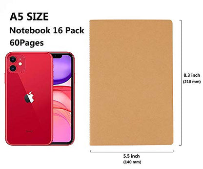 Wotion 16 Pack Kraft Notebooks, Journals in Bulk for Writing, Blank Paper Sketchbooks, 60 Pages Notebook, 8.3x5.5 Inch, A5 Size, Travel Journal Set, for Gifts, Students and Office Supplies - style: 16pack blank page