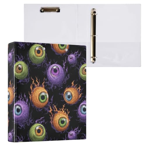 Funny Purple Green Orange Eyeball Binder 3 Ring 1.5 Inch Binder with Clipboard&Pockets, Hardcover Binders Heavy Duty Large File Folder for Office School Supplies - Holds 200 Sheets - color: Fire Flame Eyeball, size: 1 Pack-12.4x10.63in