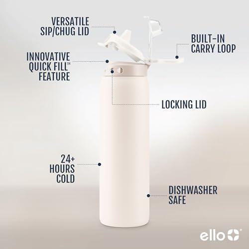 Ello Pop & Fill Insulated Stainless Steel Water Bottle with Quick Fill Lid, Leakproof Locking, Sip or Chug Spout, BPA-Free, Double Wall Vacuum Insulated for Sports, Travel & School- 22oz / 32oz / 40oz - color: Tonal Cream, style: 32oz