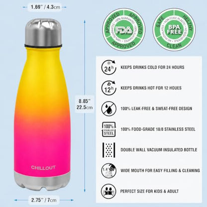 CHILLOUT LIFE 12oz Kids Insulated Stainless Steel Water Bottle, Leak Proof | Small Metal Water Bottle, Keeps Drinks Cold 24H & Hot 12H, Leak-Proof Screw Lid, Perfect for School, Travel & Sports - color: Nectarine