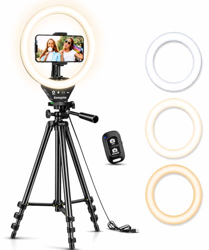 Sensyne Ring Light with Stand, 50" Phone Tripod for iPhone & Android, LED Ring Light with Remote, 3 Color Modes & 10 Brightness Levels for TikTok, Zoom & Video Recording - color: Nature, size: 10-inch