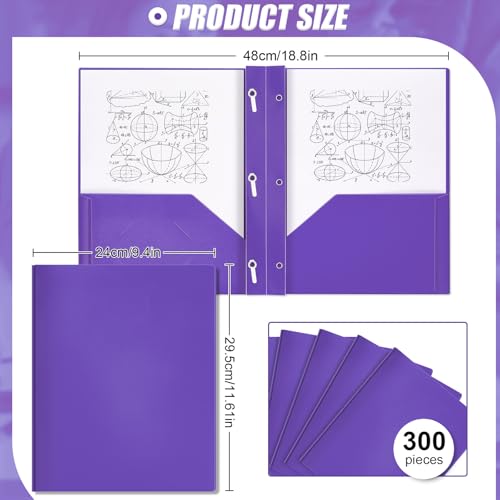 Yeaqee 300 Pack Plastic Folders with Prongs Heavy Duty Plastic 2 Pocket Folder with 3 Prongs, Business Card Slot for Back to School Office Home 11.6 x 9.5 Inch (Purple) - color: Purple