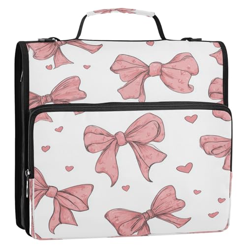 Caikeny 3 Ring Zipper Binder Pink Bows and Hearts White Love 1.5 inch Binders Bag Expanding File Pockets with Shoulder Strap and Handle - color: Multicolored 1z83.12