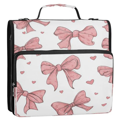 Caikeny 3 Ring Zipper Binder Pink Bows and Hearts White Love 1.5 inch Binders Bag Expanding File Pockets with Shoulder Strap and Handle - color: Multicolored 1z83.12