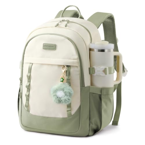 LOVEVOOK School Backpack for Teen Girl, Cute Student Bookbag Fits 15.6 Inch Laptop, Back to School Backpack Purse for Teenagers, Casual Daypack Kid Back Pack Travel Bag, Gift - color: Beige-green, size: 15.6 Inch