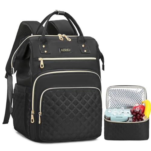 AIJIEKE Lunch Backpack for Women, 15.6 Laptop Backpack, Lunch Box, Black | Water resistant computer bag with insulated leakproof cooler. Travel meal prep backpack for nurse, teacher, college commute - color: Black