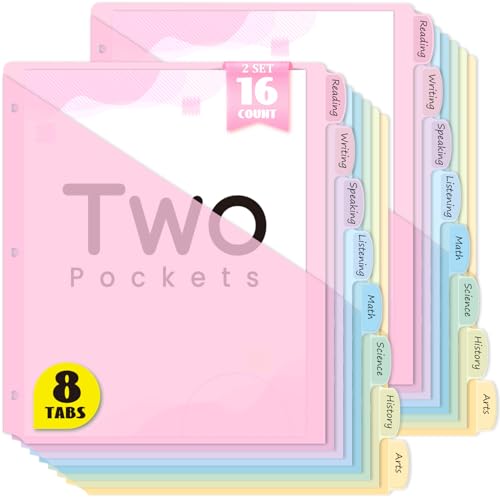Sooez 8-Tab Binder Dividers with Two Pockets, 8 Tabs Dividers for 3 Ring Binder Organizers, 3-Hole Plastic Sheets Protectors for US Letter Size, School, College, Office Supplies, Pastels, Set of 2 - size: 2 Sets
