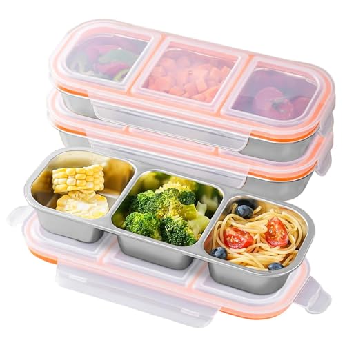 3 Pack Container Sets, Stainless Steel Food Containers, 3-Compartment Leak-Proof Lunch Box Set, Reusable Bento Boxes, Stackable Storage Containers, Ideal for School, Daycare, Work, and Travel