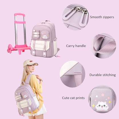 Cat Print Rolling Backpack for Girls Kids Backpack with Wheels Roller Bookbag Trolley School Bag Wheeled Bag Black - color: 6 Wheels Black A1, style: 6 Wheels
