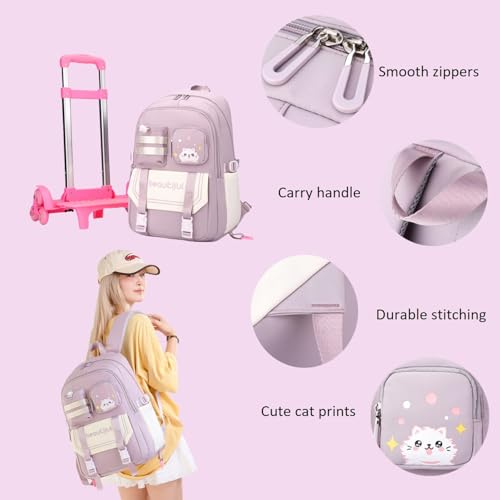Cat Print Rolling Backpack for Girls Kids Backpack with Wheels Roller Bookbag Trolley School Bag Wheeled Bag Green - color: 6 Wheels Green A1, style: 6 Wheels