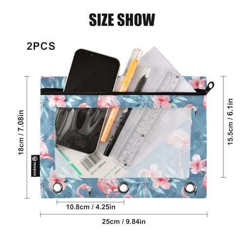 Fustylead Beautiful Pink Flamingos and Floral Leaves Pencil Pouch Fits Standard 3-Ring Binders, Zipper Binder Pencil Bag with Clear Window for School Office Cosmetic 2 Pack - color: Blue02 Flamingo
