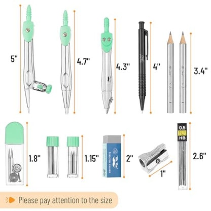 Mr. Pen- Geometry Set, 15 pcs, Green, 6 Inch Swing Arm Protractor, Divider | Set Squares, Ruler, Compasses and Protractor - color: Green