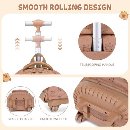 Capybara Theme Rolling Backpack with Lunch Bag & Pencil Case, Kids Rolling Backpack for Girls, Wheeled School Bookbag with Telescoping Handle for Kindergarten Elementary Middle High School - color: Brown