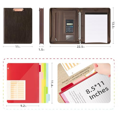 Ospelelf Zippered Portfolio Binder, Leather Clipboard Folder with Storage, 3 Ring Binder 1 Inch, 12.1” Tablet Sleeve, 5 Dividers with Pocket, Refillable Notepad, Card Slot (Brown) - color: Brown