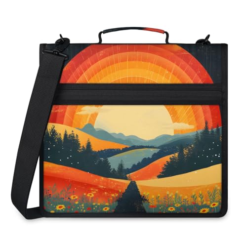 Boho Vintage Sunrise Zipper Binder, 3 D-Ring Expanding File Folder with Handle & Adjustable Shoulder Strap, 400 Sheets Capacity Multi-Pocket Organizer for 13 Inch Laptop - color: Boho Vintage Sunrise