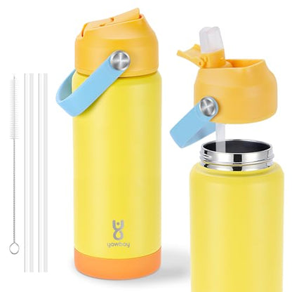 18oz Kids Insulated Water Bottle with Straw Lid & Silicone Handle,Kids Leak Proof Water Bottle for School Boys Girls,Double Wall Vacuum Stainless Steel with Non-slip Silicone Base(Yellow) - color: Yellow, size: 18 Ounces