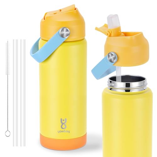 18oz Kids Insulated Water Bottle with Straw Lid & Silicone Handle,Kids Leak Proof Water Bottle for School Boys Girls,Double Wall Vacuum Stainless Steel with Non-slip Silicone Base(Yellow) - color: Yellow, size: 18 Ounces